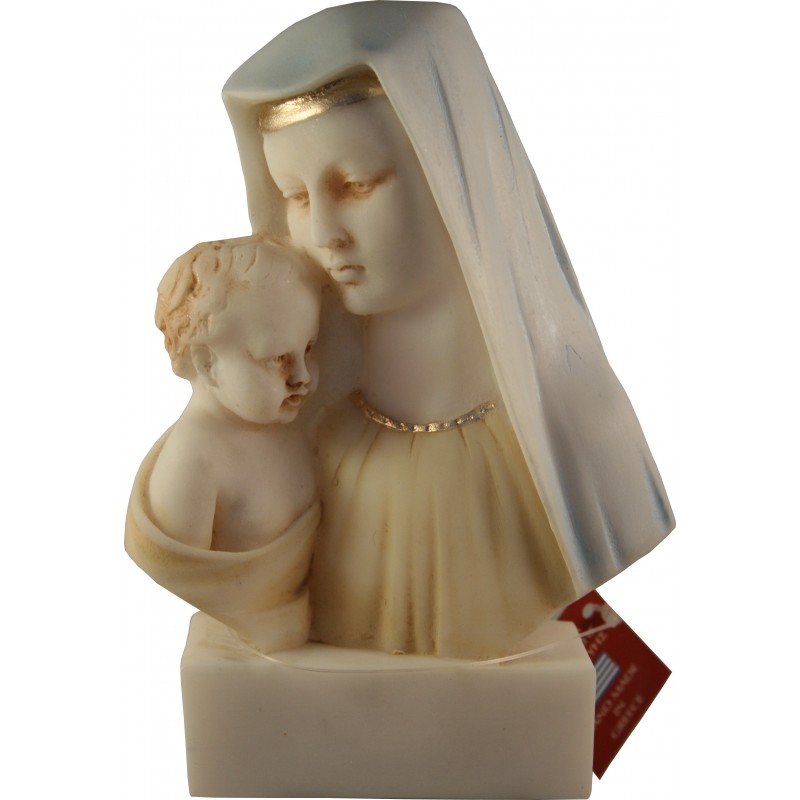 Statue Buste de la Très Sainte Vierge Marie à l'enfant Jésus  en albatre coloré H. 14 CM